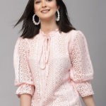 Self Design Tie-Up Neck Puff Sleeve Cotton Top price in bangladesh