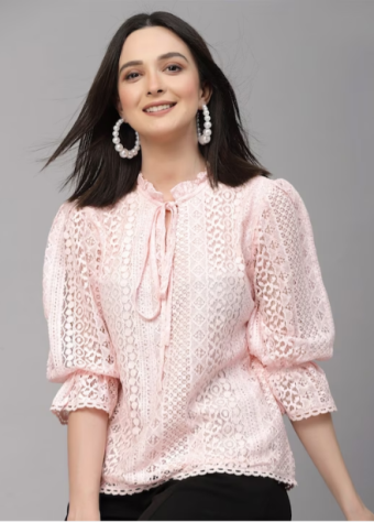 Self Design Tie-Up Neck Puff Sleeve Cotton Top price in bangladesh