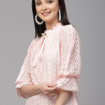 Self Design Tie-Up Neck Puff Sleeve Cotton Top price in bangladesh