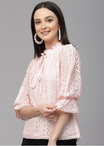 Self Design Tie-Up Neck Puff Sleeve Cotton Top  price in bangladesh