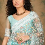 Embroidered Net Saree In Sky Blue price in bangladesh