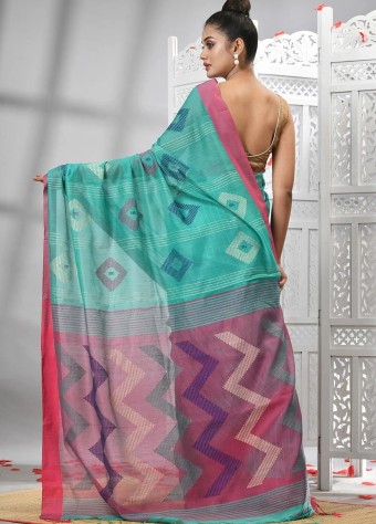 Handloom Cotton Jamdani Saree In Light Teal Blue  price in bangladesh