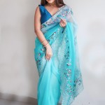 Pure Soft Organza Net Saree In Greenish-Blue price in bangladesh