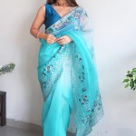 Pure Soft Organza Net Saree In Greenish-Blue price in bangladesh