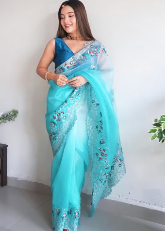 Pure Soft Organza Net Saree In Greenish-Blue  price in bangladesh